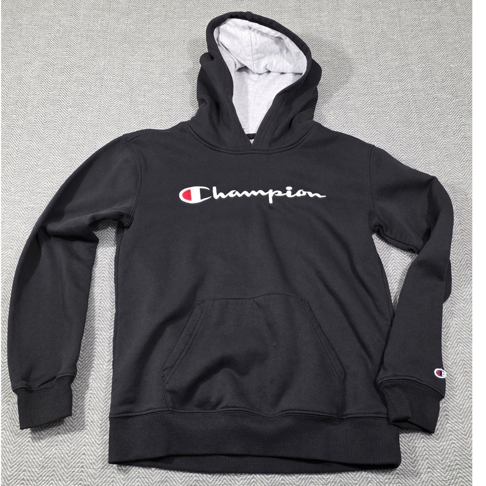 Champion Boys Black Script Logo Pullover Hoodie Sweatshirt L 14/16